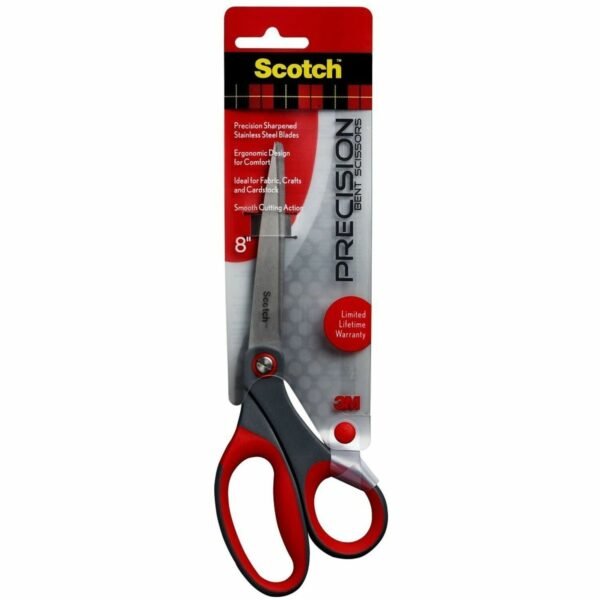 Scotch Precision Scissors - Bent Handles 8" Overall Length - Left/Right - Stainless Steel - Red, Gray - 1 Each (1448B)