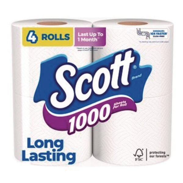 Scott 1000 Bathroom Tissue, Septic Safe, 1-Ply, White, 1,000 Sheets/Roll, 4 Rolls/Pack, 12 Packs/Carton (10183)