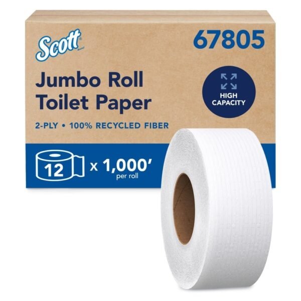 Scott Essential 100% Recycled Fiber JRT Bathroom Tissue for Business, Septic Safe, 2-Ply, White, 3.55" x 1,000 ft, 12 Rolls/Carton (67805)