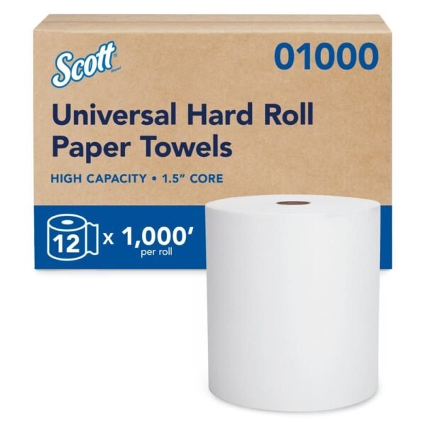 Scott Essential High Capacity Hard Roll Towels for Business, Absorbency Pockets, 1-Ply, 8" x 1,000 ft, 1.5" Core, White,12 Rolls/CT (01000)