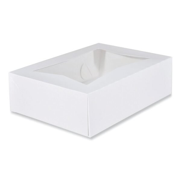 SCT White Window Bakery Boxes with Attached Flip Top, 4-Corner Beers Design, 14 x 10 x 4, White, Paper, 100/Carton (24263)