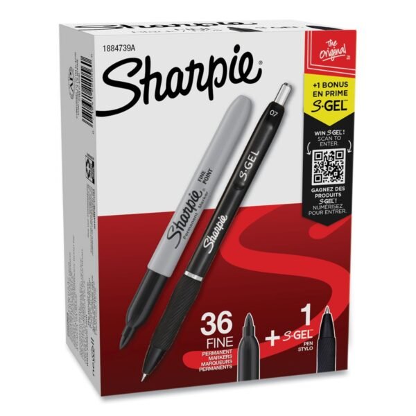 Sharpie Fine Tip Permanent Marker Value Pack with (1) Bonus S-Gel 0.7 mm Black Ink Pen, Fine Bullet Tip Markers, Black Ink, 36/Pack (1884739A)