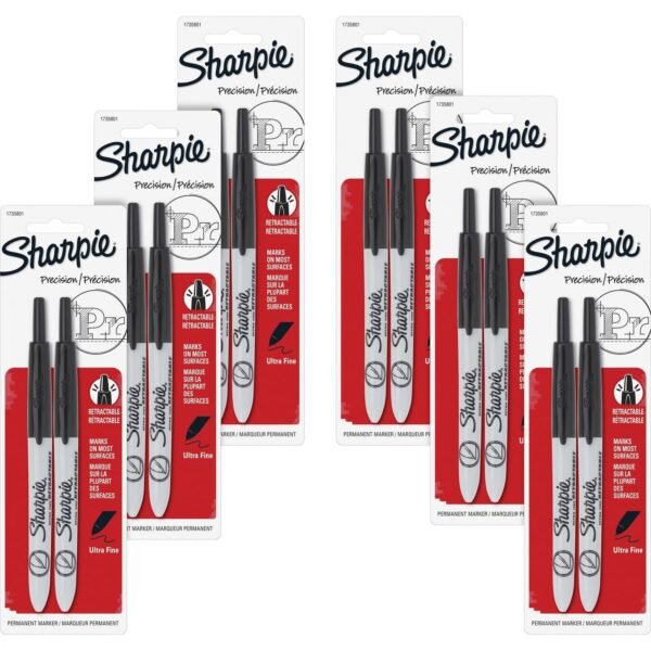 Sharpie Retractable Ultra-Fine Point Permanent Markers Ultra Fine Marker Point - Retractable - Black Ink - 2/Pack - 6 / Box (1735801BX)
