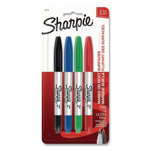 Sharpie Twin-Tip Permanent Marker, Extra-Fine/Fine Tip, Assorted Colors, 4/Pack (32174)