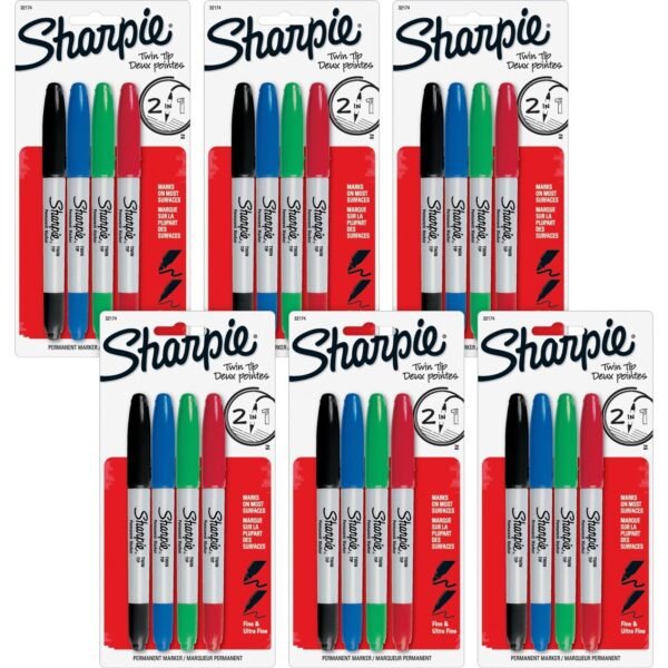 Sharpie Twin Tip Permanent Markers 0.3 mm Ultra Fine, 1 mm Fine Marker Point - Red, Green, Blue, Black Ink - Alcohol Based - 4/Set - 6 / Bag (32174PPBG)