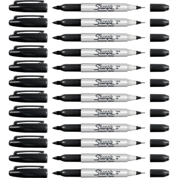 Sharpie Twin Tip Permanent Markers Ultra Fine, Fine Marker Point - Black Ink - Alcohol Based - 12 / Box (32201BX)