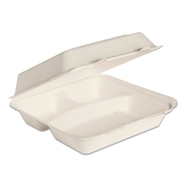 SOLO Bare Eco-Forward Bagasse Hinged Lid Containers, ProPlanet Seal, 3-Compartment, 9.6 x 9.4 x 3.2, Ivory, Sugarcane, 200/Carton (HC9CSC2050)