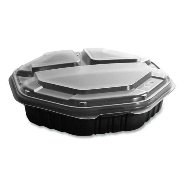 SOLO OctaView Hinged-Lid Hot Food Containers, 3-Compartment, 38 oz, 9.55 x 9.1 x 2.4, Black/Clear, Plastic, 100/Carton (809014PP94)