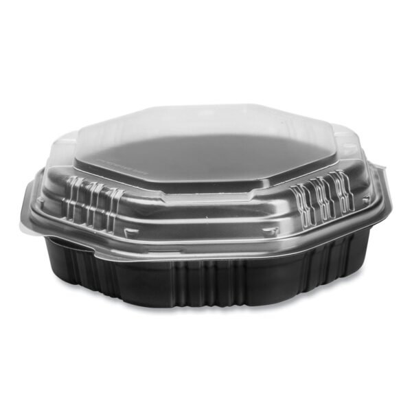 SOLO OctaView Hinged-Lid Hot Food Containers, 31 oz, 9.55 x 9.1 x 3, Black/Clear, Plastic, 100/Carton (809011PP94)