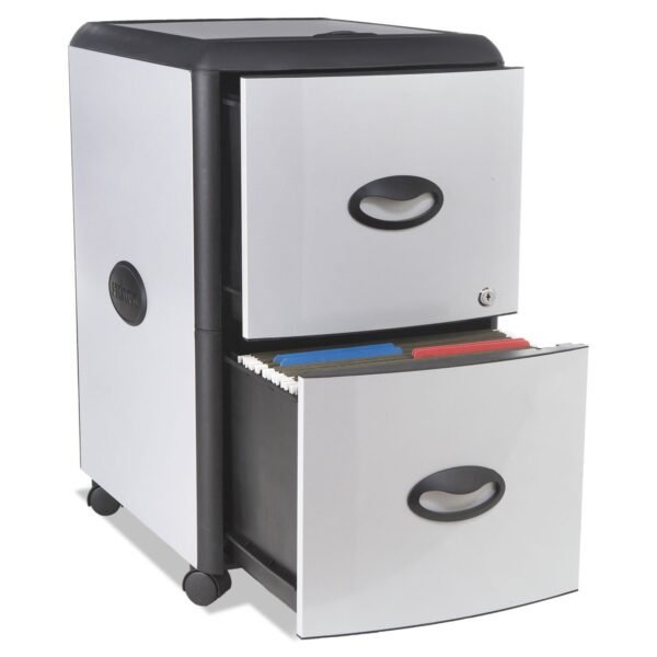 Storex Mobile Filing Cabinet with Metal Siding and Top-Drawer Organizer Tray, 2 Letter File Drawers, Silver/Black, 19" x 15" x 23" (61352U01C)