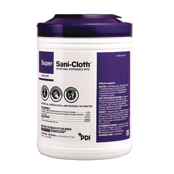 Super Sani-Cloth Germicidal Disposable Wipes, 1-Ply, 6 x 6.75, Unscented, White, 160/Canister, 12 Canisters/Carton (Q55172)
