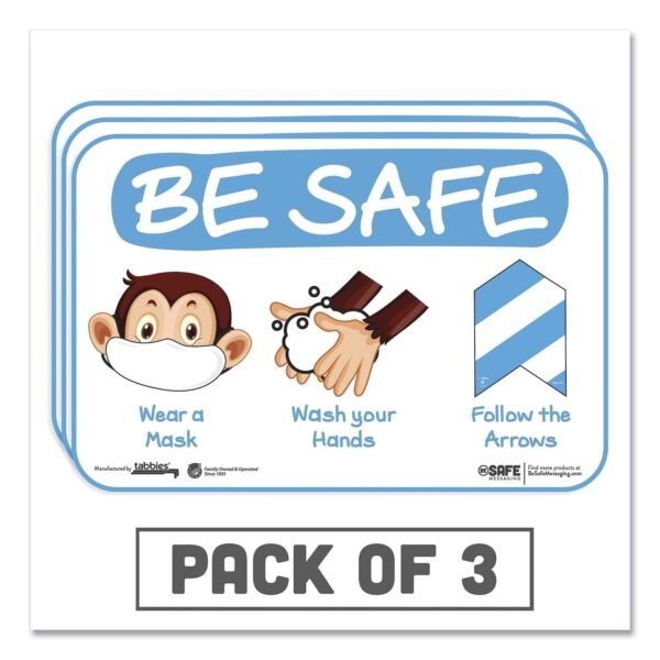 Tabbies BeSafe Messaging Education Wall Signs, 9 x 6, "Be Safe, Wear a Mask, Wash Your Hands, Follow the Arrows", Monkey, 3/Pack (29506)