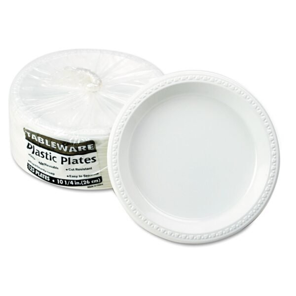 Tablemate Plastic Dinnerware, Plates, 10.25" dia, White, 125/Pack (TM10644WH)