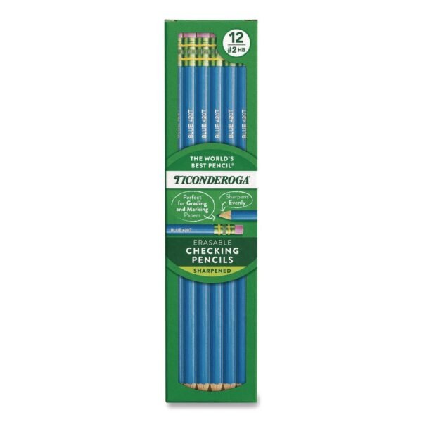 Ticonderoga Erasable Colored Pencils, 2.6 mm, 2B (#2), Blue Lead, Blue Barrel, 12/Pack (142090002)