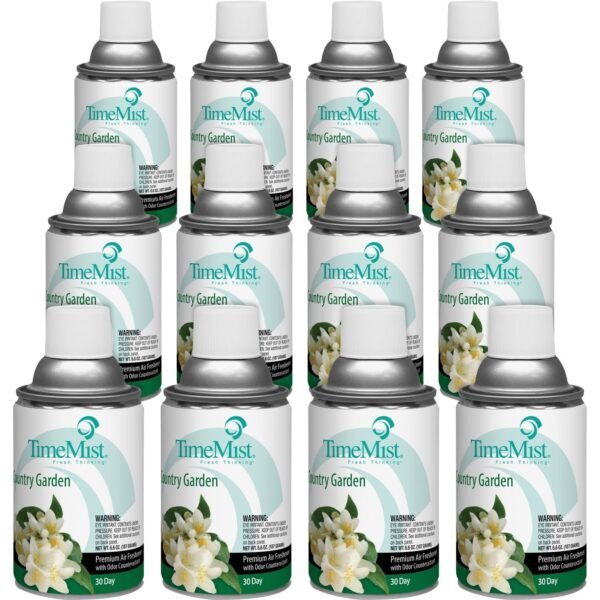 TimeMist Metered 30-Day Country Garden Scent Refill Spray - 6000 ft³ - 6.6 fl oz (0.2 quart) - Country Garden - 30 Day - Long Lasting, Odor Neutralizer - 12 / Carton (1042786CT)