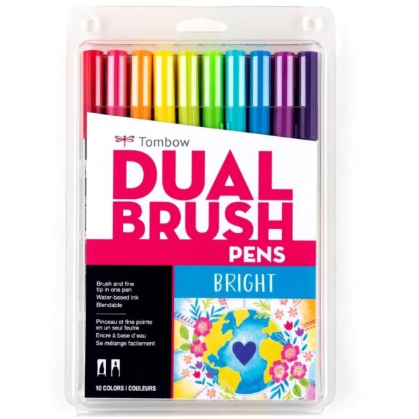 Tombow Dual Brush Pen Set Hot Pink, Orange, Chartreuse, Willow Green, Purple, Rubine Red, Process Yellow, Reflex Blue, Imperial Purple Ink - Water Based - Nylon Tip - 10 / Pack...