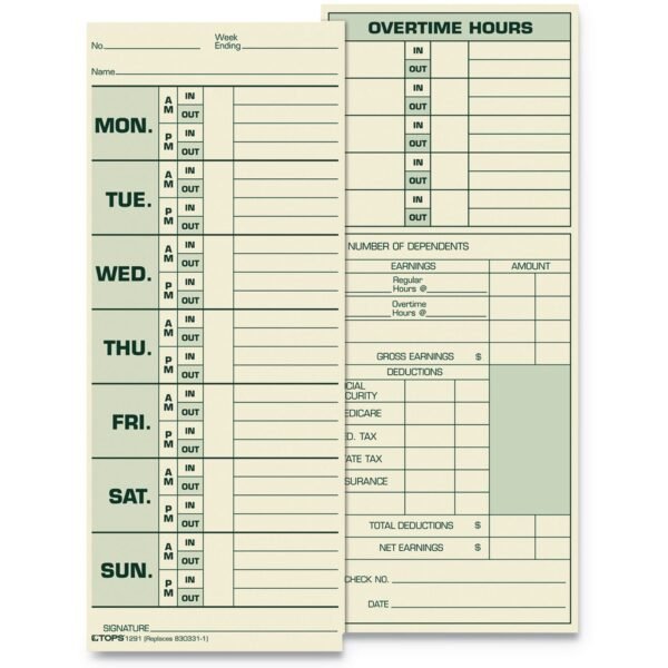 TOPS Time Clock Cards, Replacement for 331-10, Two Sides, 3.5 x 8.5, 500/Box (1291)
