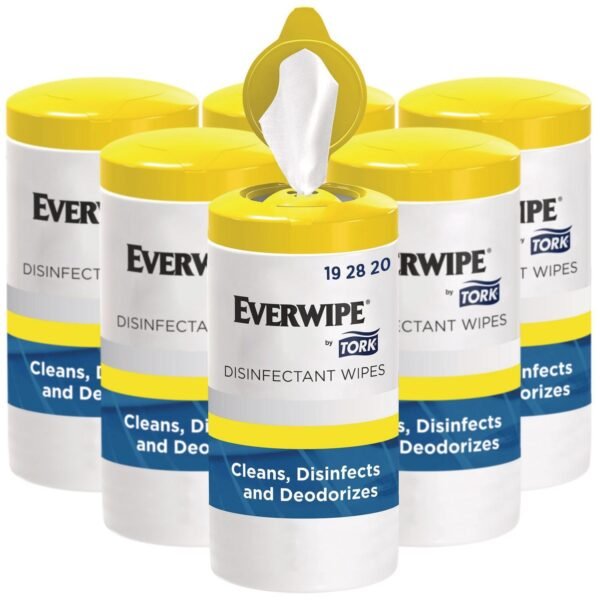 Tork Disinfectant Wipe Canisters, 1-Ply, 7 x 7, Lemon, White, 75 Sheets/Canister, 6/Carton (192820)