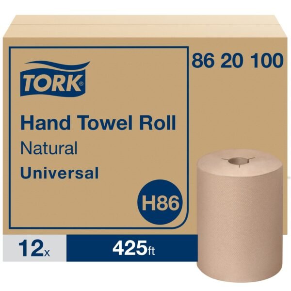 Tork Universal Hand Towel Roll, Notched, 1-Ply, 8" x 425 ft, Natural, 12 Rolls/Carton (8620100)