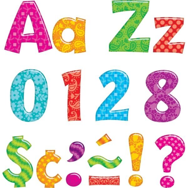Trend Colorful Patterns 4-inch Ready Letters Learning Theme/Subject - 59 x Uppercase Letters, 84 x Lowercase Letters, 20 x Numbers, 35 x Punctuation Marks, 18 x Spanish Accent...