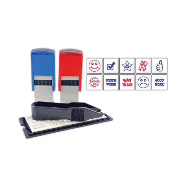 Trodat Printy 10-in-1 Self-Inking Teacher Stamp, Incudes 10 Dies, 0.63" Diameter, Blue/Red (4630)