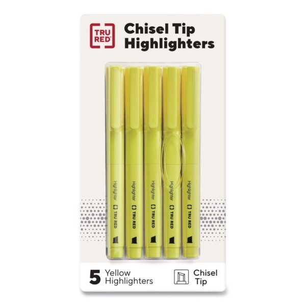 TRU RED Pen Style Chisel Tip Highlighter, Yellow Ink, Chisel Tip, Yellow Barrel, 5/Pack (24376588)