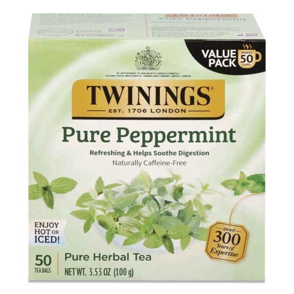 TWININGS Tea Bags, Pure Peppermint, 0.07 oz Tea Bag, 50/Box (TNA53650)