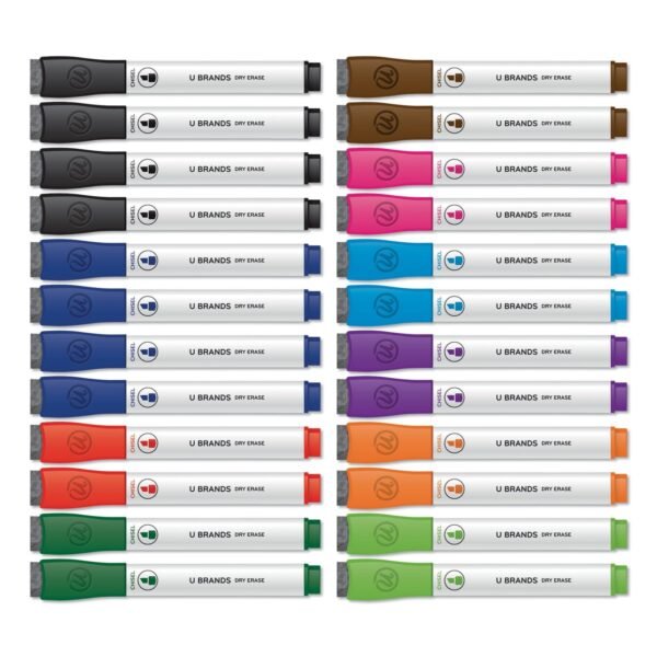 U Brands Chisel Tip Low-Odor Dry-Erase Markers with Erasers, Broad Chisel Tip, Assorted Colors, 24/Pack (2929U0112)