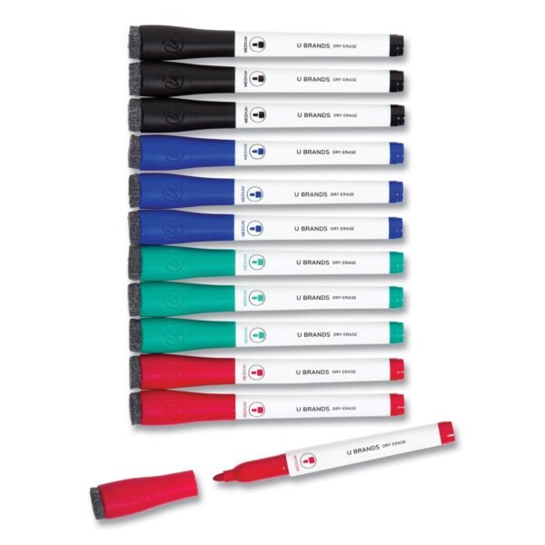 U Brands Medium Point Low-Odor Dry-Erase Markers with Erasers, Medium Bullet Tip, Assorted Colors, 12/Pack (3980U0012)