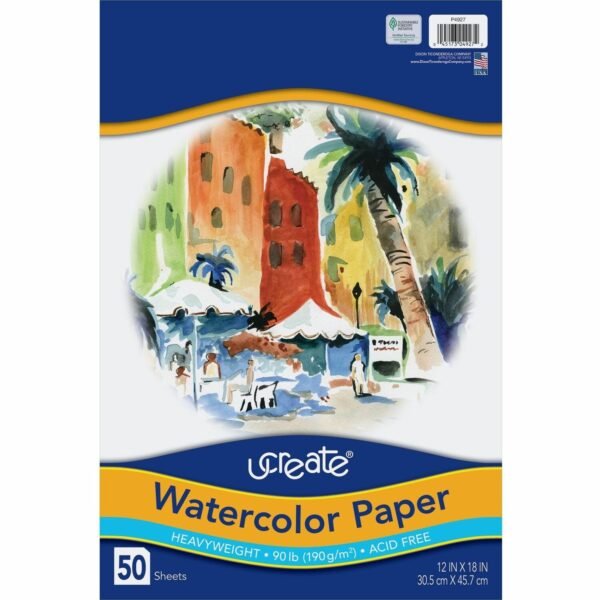 UCreate Watercolor Paper 12" x 18" - 90 lb Basis Weight - Vellum - Sustainable Forestry Initiative (SFI) - Acid-free - White - 50 / Pack (4927)