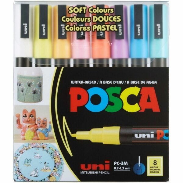 uni-ball uni® Posca PC-3M Paint Markers Fine Marker Point - Green, Blue, Light Blue, Yellow, Red, Pink, White, Black Ink - Water Based, Pigment-based - 8 / Pack (PC3M8C)