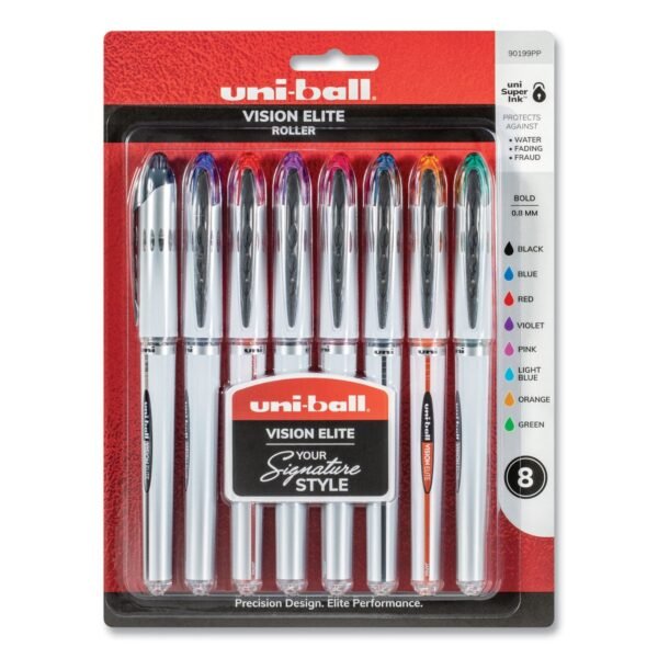 uni-ball VISION ELITE Hybrid Gel Pen, Stick, Bold 0.8 mm, Assorted Ink and Barrel Colors, 8/Pack 0.8 mm Bold Pen Point - Refillable - Retractable - Assorted Ink - Gel-based - 8...