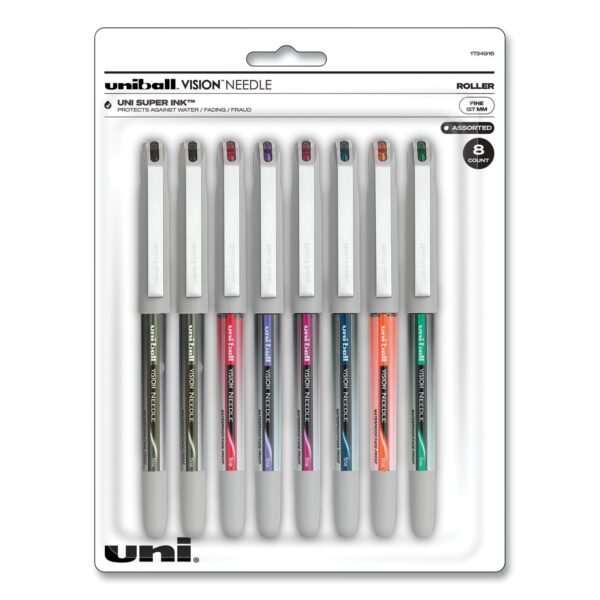 uni-ball VISION Needle Roller Ball Pen, Stick, Fine 0.7 mm, Assorted Ink and Barrel Colors, 8/Pack (1734916)