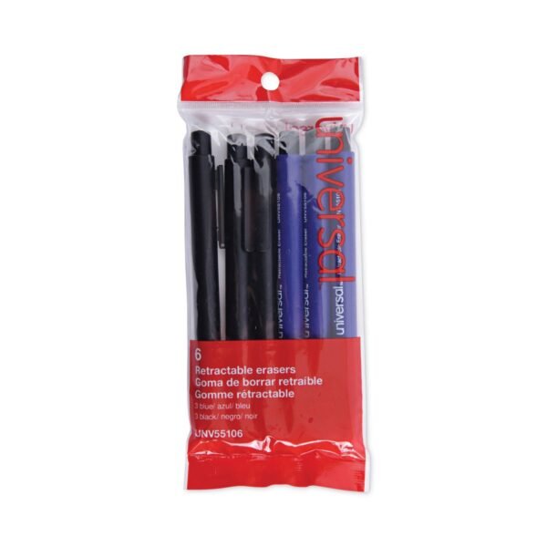 Universal Pen-Style Retractable Eraser, For Pencil Marks, White Eraser, Assorted Barrel Colors, 6/Pack (UNV55106)