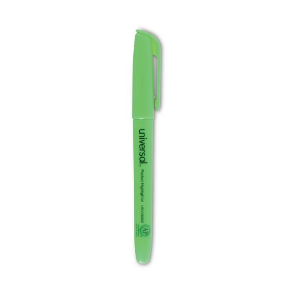 Universal Pocket Highlighters, Fluorescent Green Ink, Chisel Tip, Green Barrel, Dozen (UNV08852)