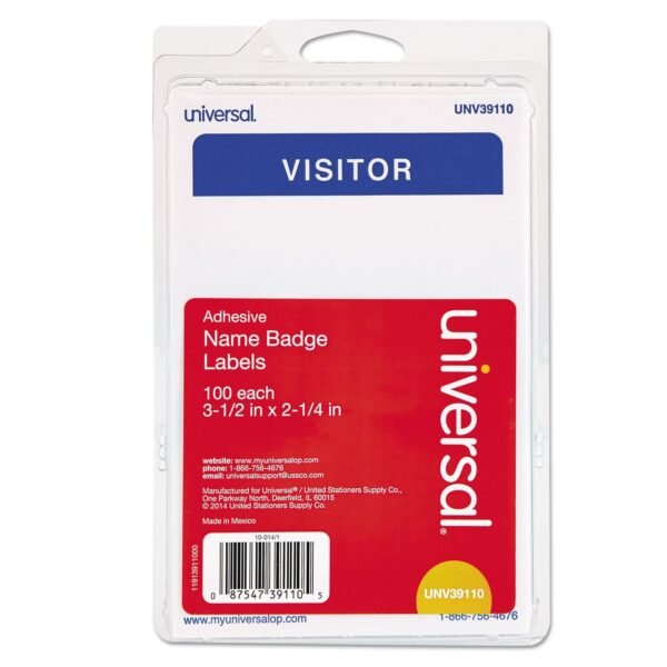 Universal Visitor Self-Adhesive Name Badges, 3.5 x 2.25, White/Blue, 100/Pack (UNV39110)