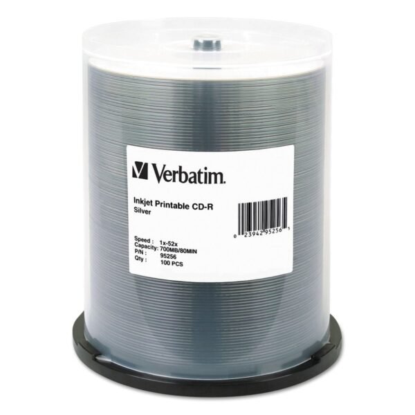 Verbatim CD-R Printable Recordable Disc, 700 MB/80 min, 52x, Spindle, Silver, 100/Pack (95256)