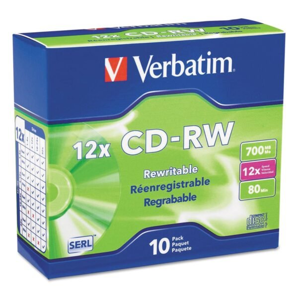 Verbatim CD-RW High-Speed Rewritable Disc, 700 MB/80 min, 12x, Slim Jewel Case, Silver, 10/Pack (95156)