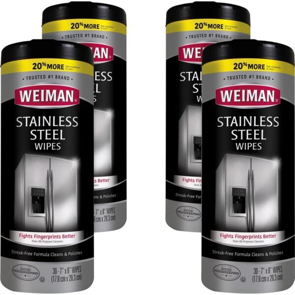 Weiman Stainless Steel Wipes Streak-free, Fingerprint Resistant, Dust Resistant, Dirt Resistant, Pre-moistened, Grease Resistant, pH Neutral - White - 30/Tub - 4 / Carton (92ACT)
