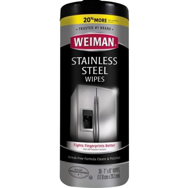 Weiman Stainless Steel Wipes Streak-free, Fingerprint Resistant, Dust Resistant, Dirt Resistant, Pre-moistened, Grease Resistant, pH Neutral - White - 30/Tub - 1 Each (92A)