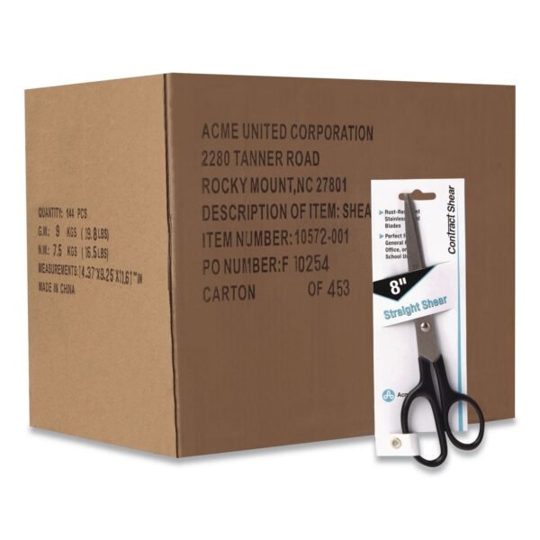 Westcott Straight Contract Scissors, 8" Long, 3" Cut Length, Straight Black Handle, 144/Carton (10572CT)