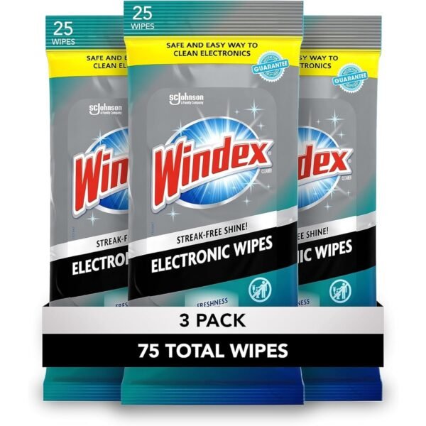 Windex Electronic Cleaning Wipes, Pre-Moistened Screen Wipes for TVs, Phones, and Other Electronics, Resealable for a Freshness Lock, 25 Count (Pack of 3)