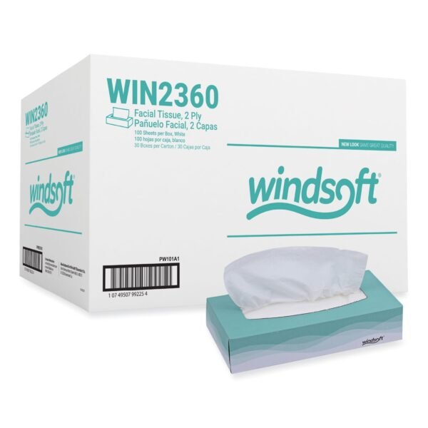 Windsoft Facial Tissue, 2 Ply, White, Flat Pop-Up Box, 100 Sheets/Box, 30 Boxes/Carton (WIN2360)