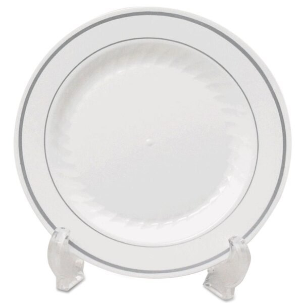 WNA Masterpiece Plastic Dinnerware, Plate, 10.25" dia. White/Silver, 12/Pack, 10 Packs/Carton (MP10WSLVR)