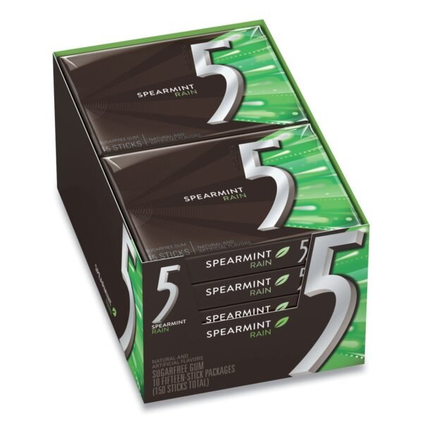 Wrigley's 5 Gum, Spearmint Rain, 15 Sticks/Pack, 10 Packs/Box (WMW51404)