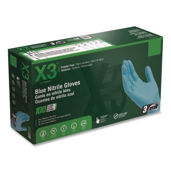 X3 by AMMEX Industrial Nitrile Gloves, X-Large, Blue, 100/Box (X348100BX)