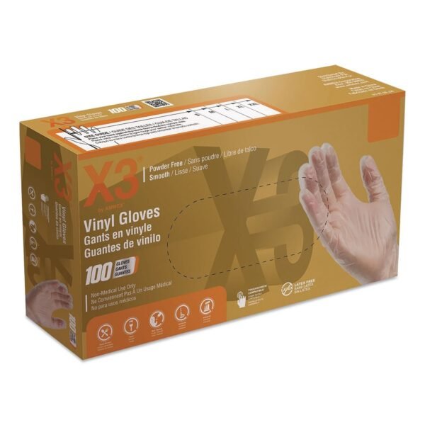 X3 by AMMEX Industrial Vinyl Gloves, Powder-Free, Large, 3 mil Thick, 9.5" Long, Clear, 100/Box (GPX346100)