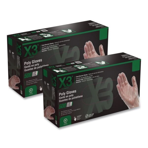 X3 by AMMEX Poly Food Safe Industrial Gloves, Powder-Free, Medium, Clear, 500/Box (PGLOVEM500)