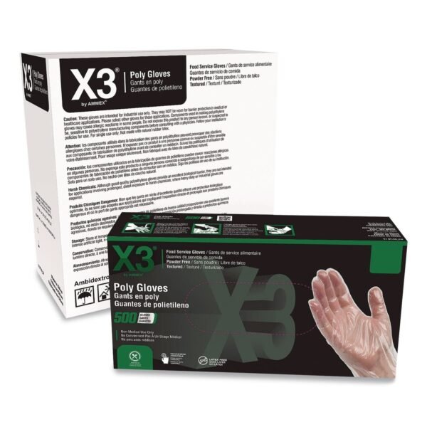X3 by AMMEX Polyethylene Food Safe Industrial Gloves, Powder-Free, Large, Clear, 500/Box, 20 Boxes/Carton (PGLOVEL500XX)