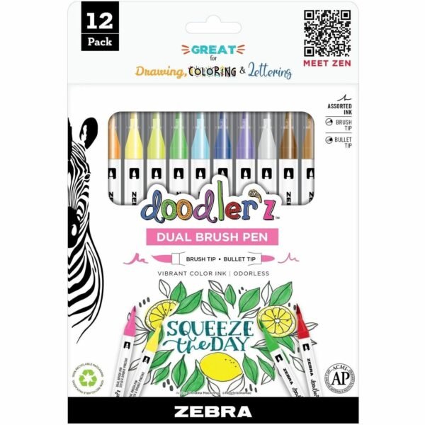 Zebra Pen Doodler'z Dual Brush Pen Bullet, Brush Pen Point - Assorted Ink - Water Based - 12 / Pack (61002)